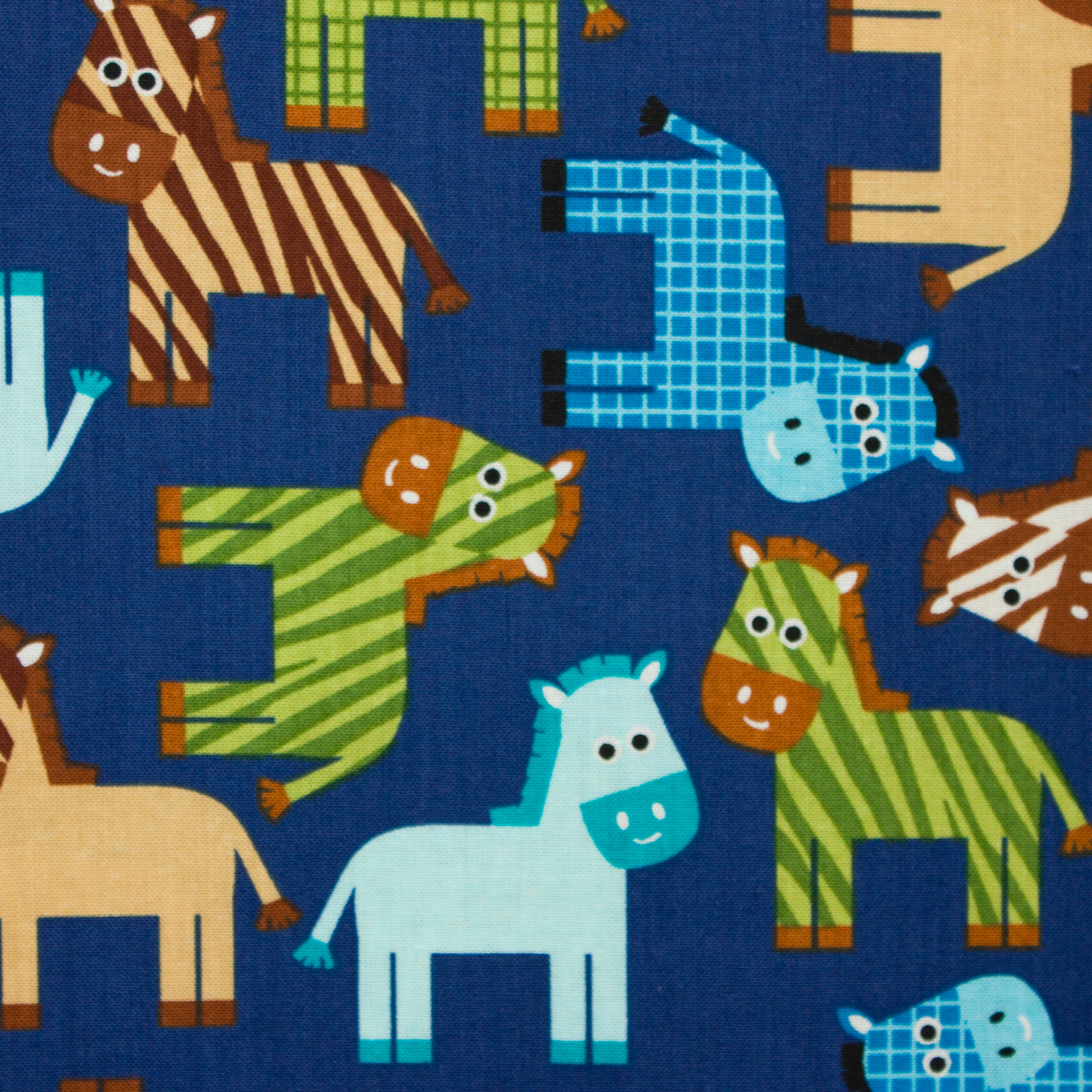 Katoen blauw met paarden in verschillende kleuren